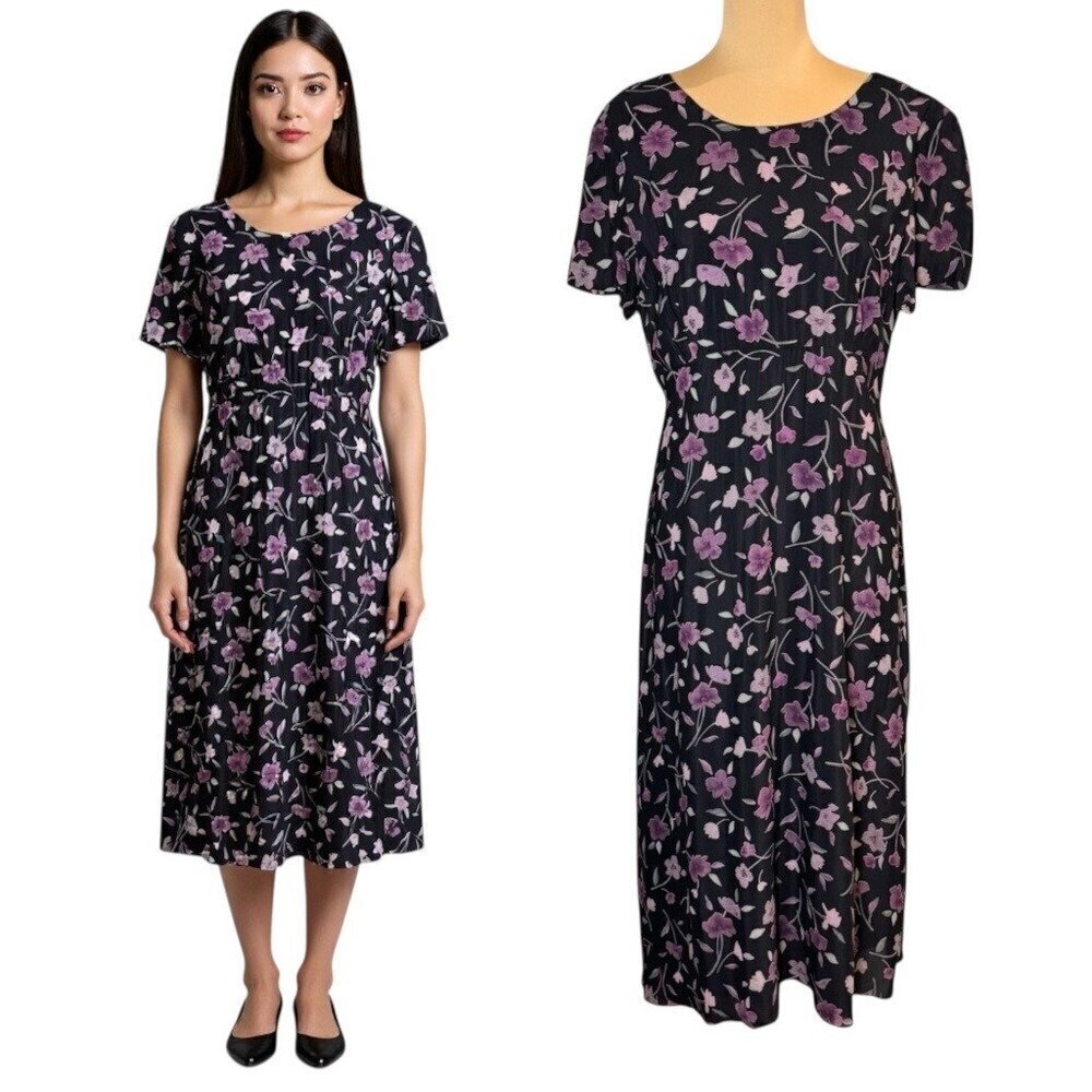 VTG 90s Talbots Floral Midi Dress Sz.14P Black Purple Short Sleeve Whimsigoth